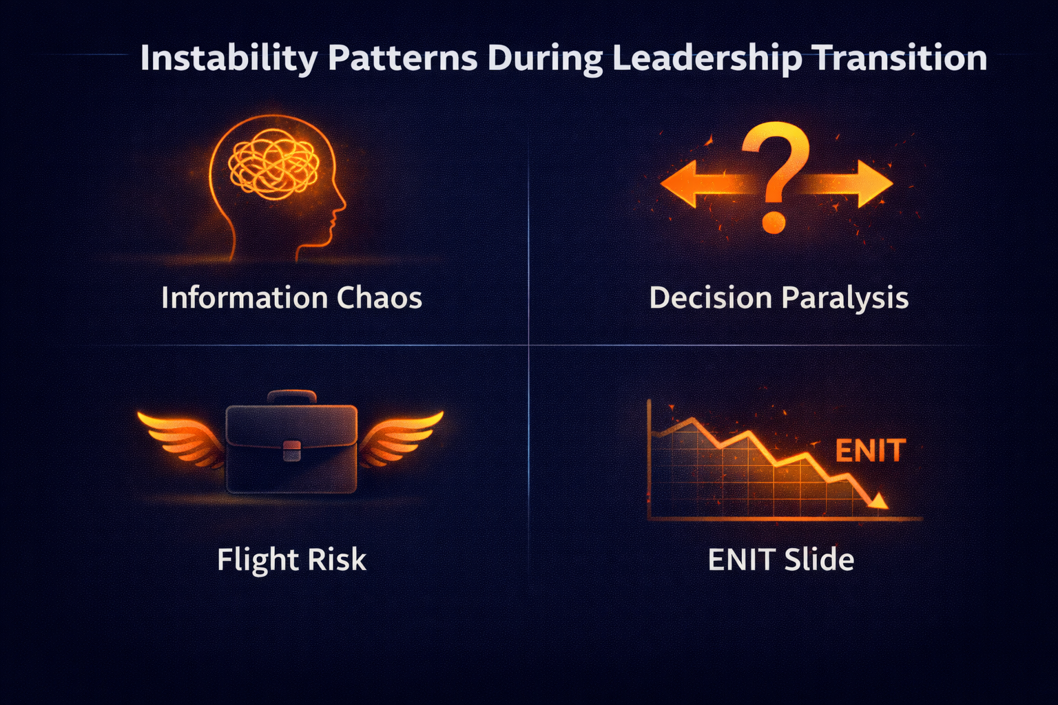 Risk map showing instability patterns during leadership transition such as decision rights drift, initiative freeze, renewal leverage loss, and risk silence.