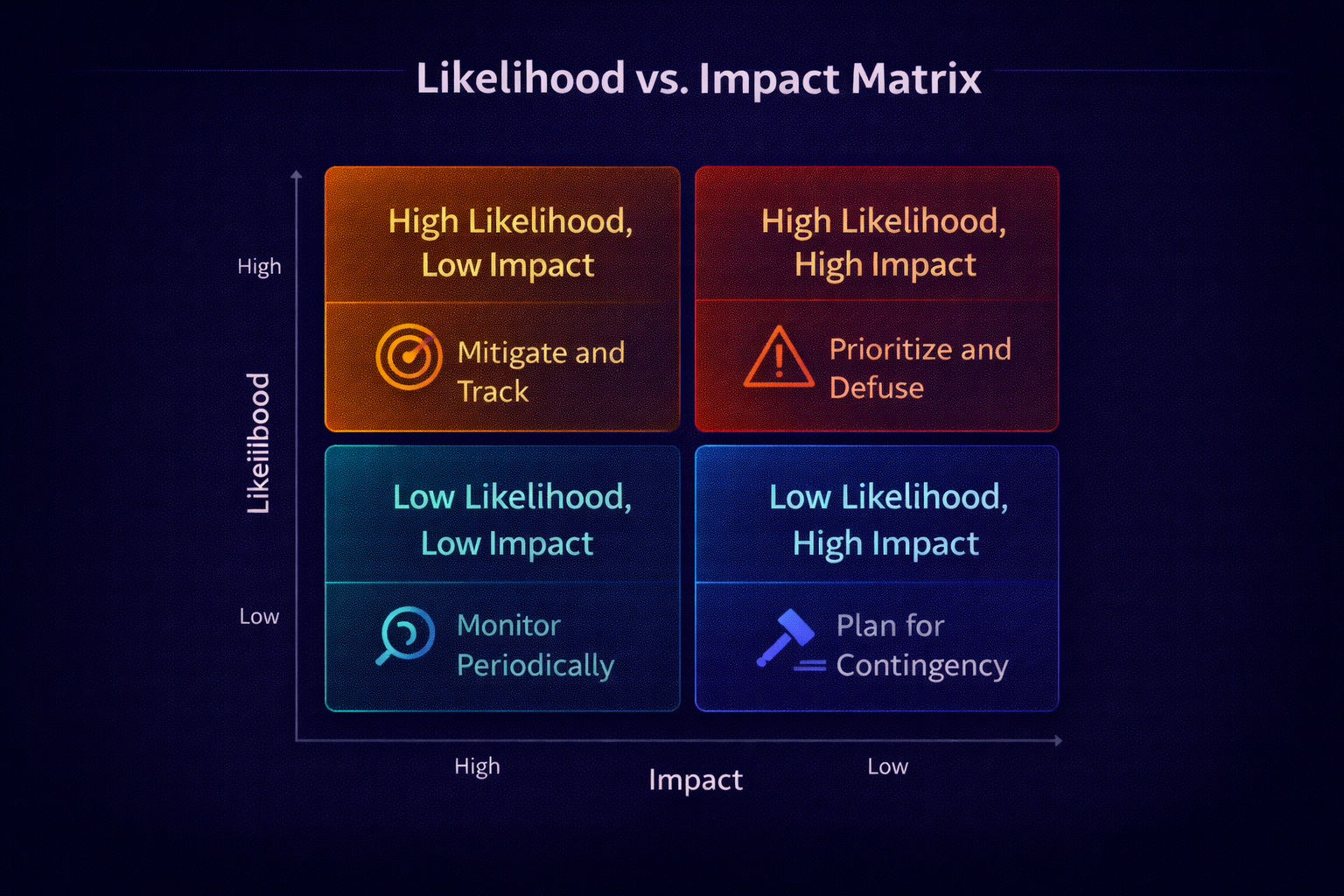 A simple likelihood vs impact matrix with leadership actions for each quadrant.