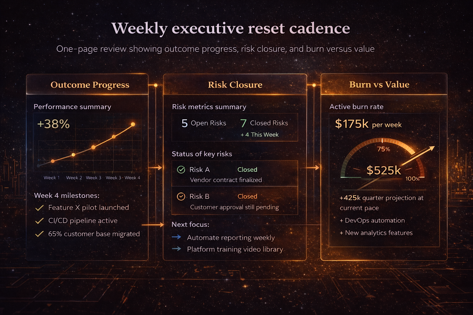 Weekly executive reset cadence showing outcome progress, risk closure, and burn versus value on a one-page review